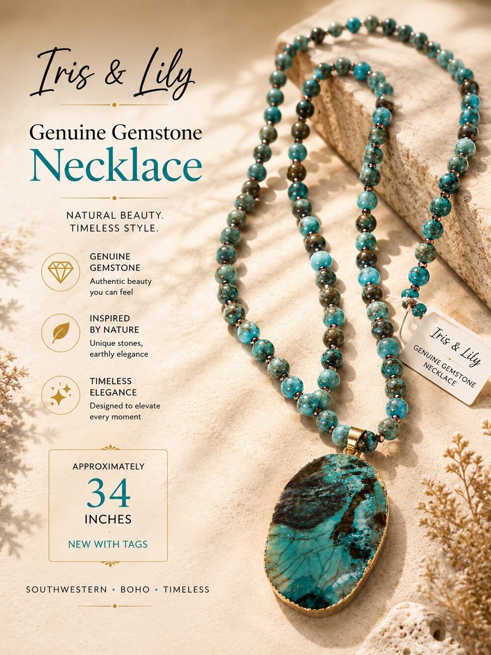 Iris & Lily Genuine Gemstone Necklace 34” Blue Green Pendant Gold Tone NWT